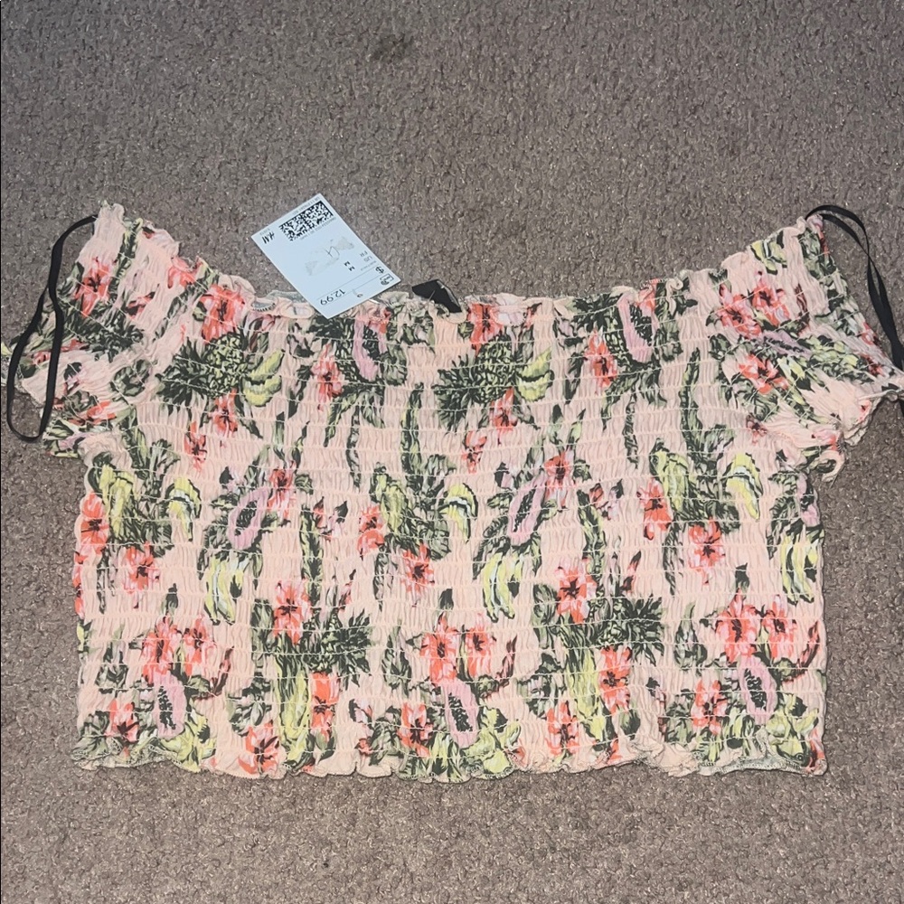 H&M Off-Shoulder Floral Blouse - Pink and Green
